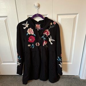 Johnny Was Junia French Terry Embroidered Tiered Sweatshirt in Black